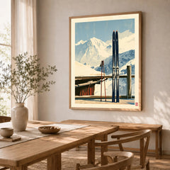 Retro Ski Poster – Vintage Skis Alpine Wall Art — dining room framed print natural wood frame