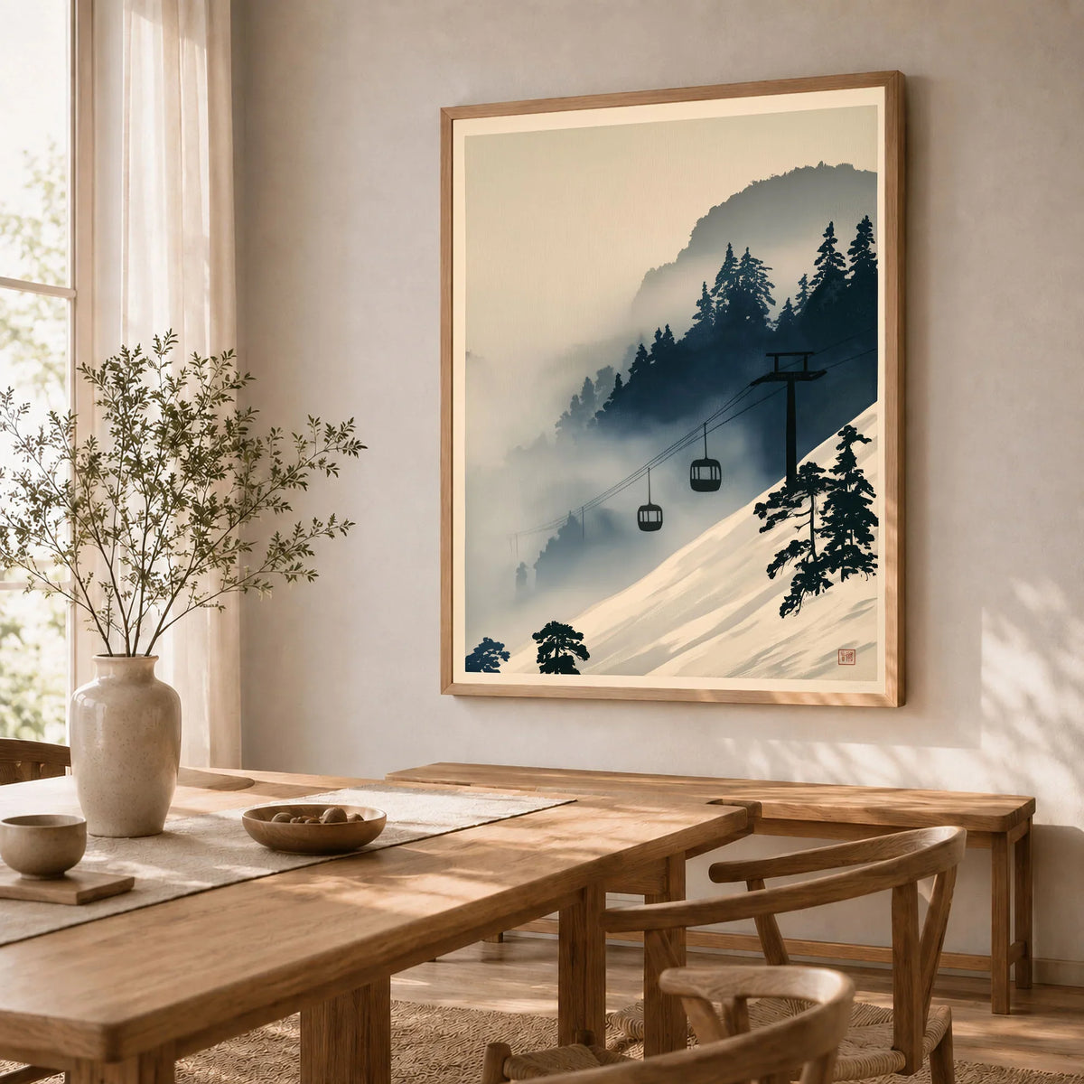 Ski Lift in Mist Print – Vintage Alpine Wall Art — dining room framed print natural wood frame