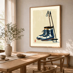 Vintage Ski Boots Art Print – Retro Ski Poster Wall Art — dining room framed print natural wood frame