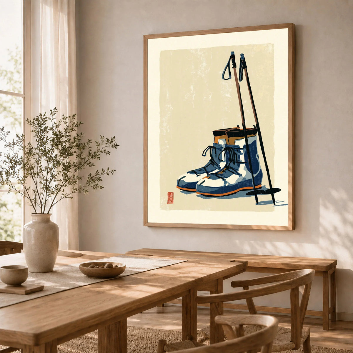 Vintage Ski Boots Art Print – Retro Ski Poster Wall Art — dining room framed print natural wood frame