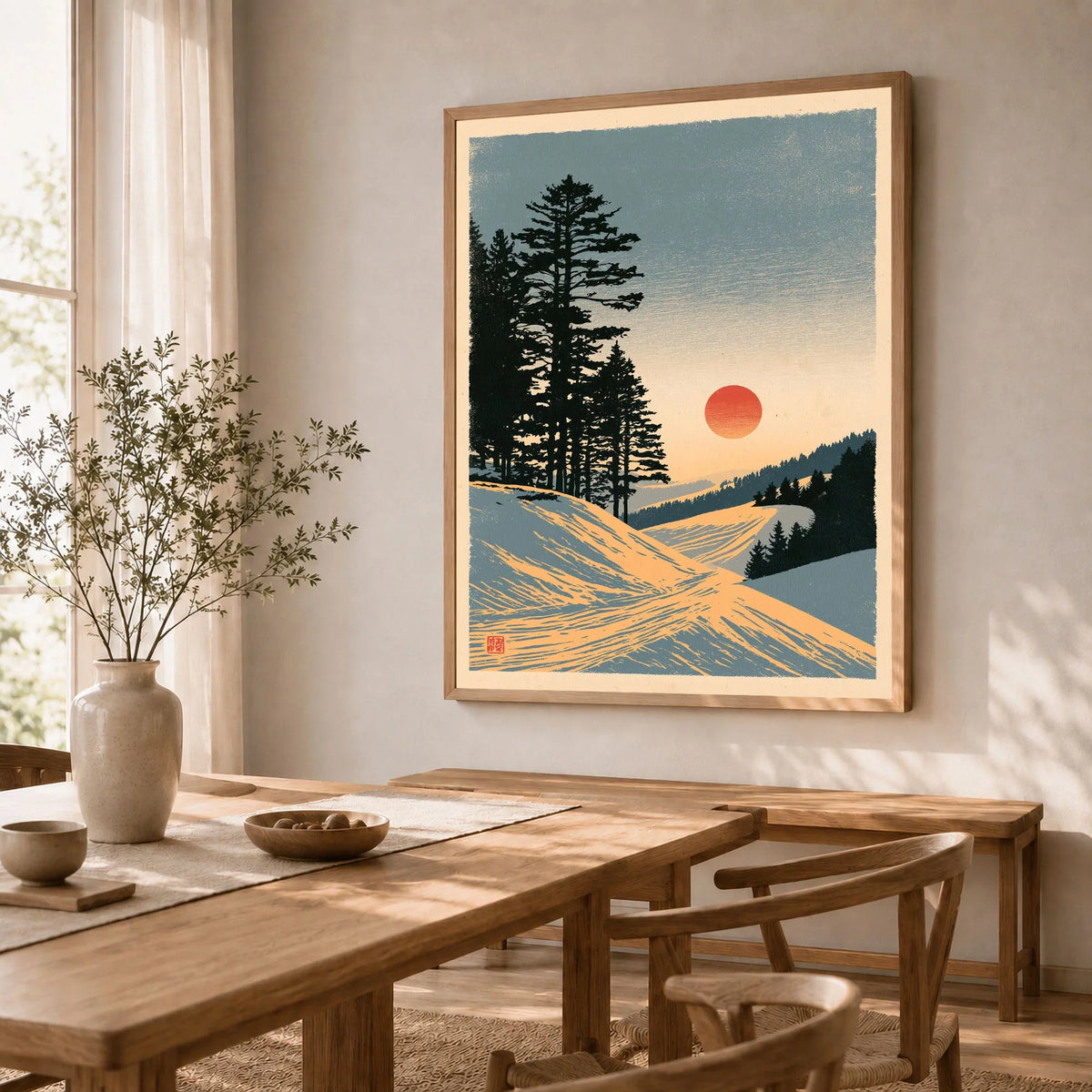 Ski Sunset Poster – Vintage Japanese Alpine Wall Art — dining room framed print natural wood frame