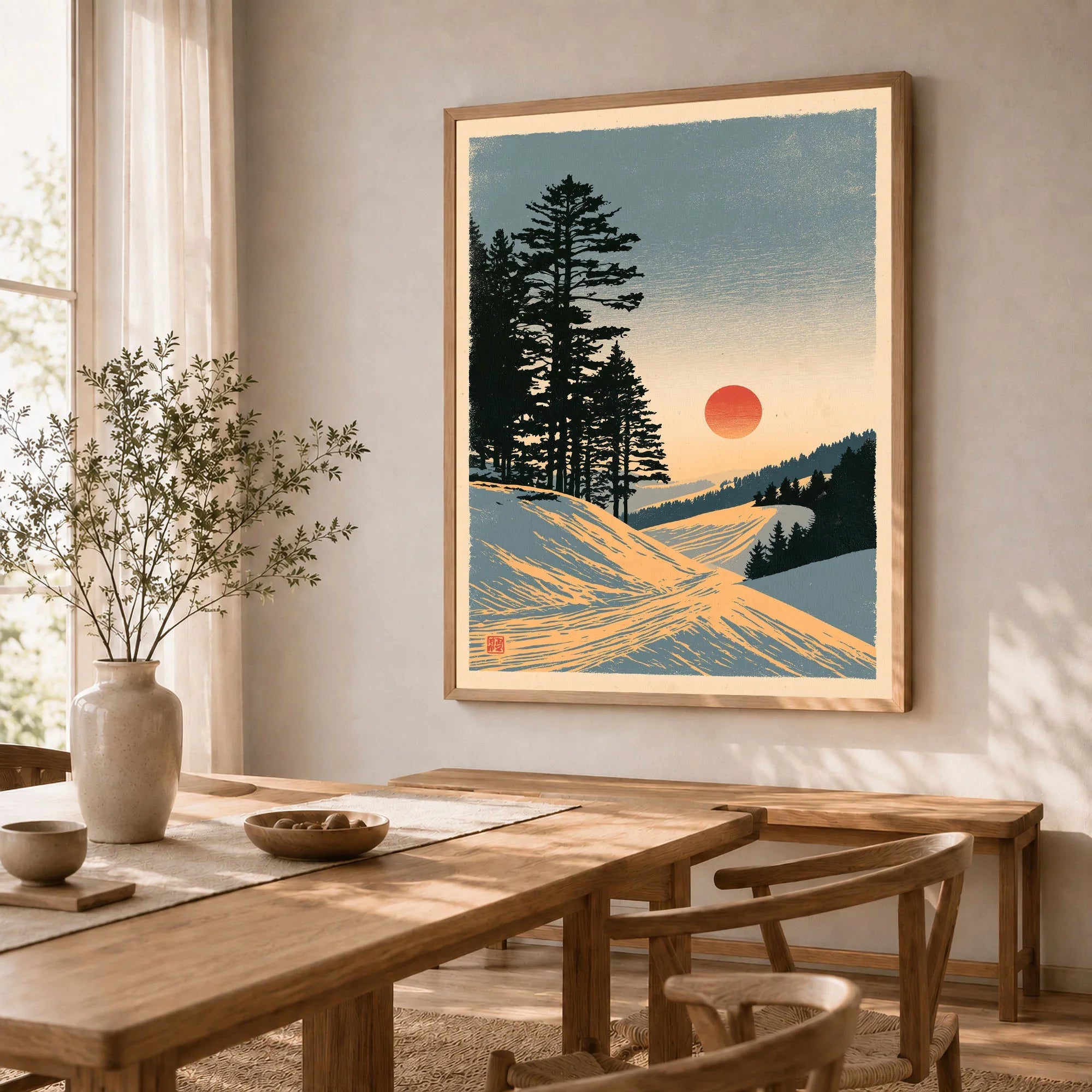 Ski Sunset Poster – Vintage Japanese Alpine Wall Art — dining room framed print natural wood frame