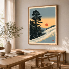 Winter Sunset Ski Print – Vintage Alpine Wall Art — dining room framed print natural wood frame