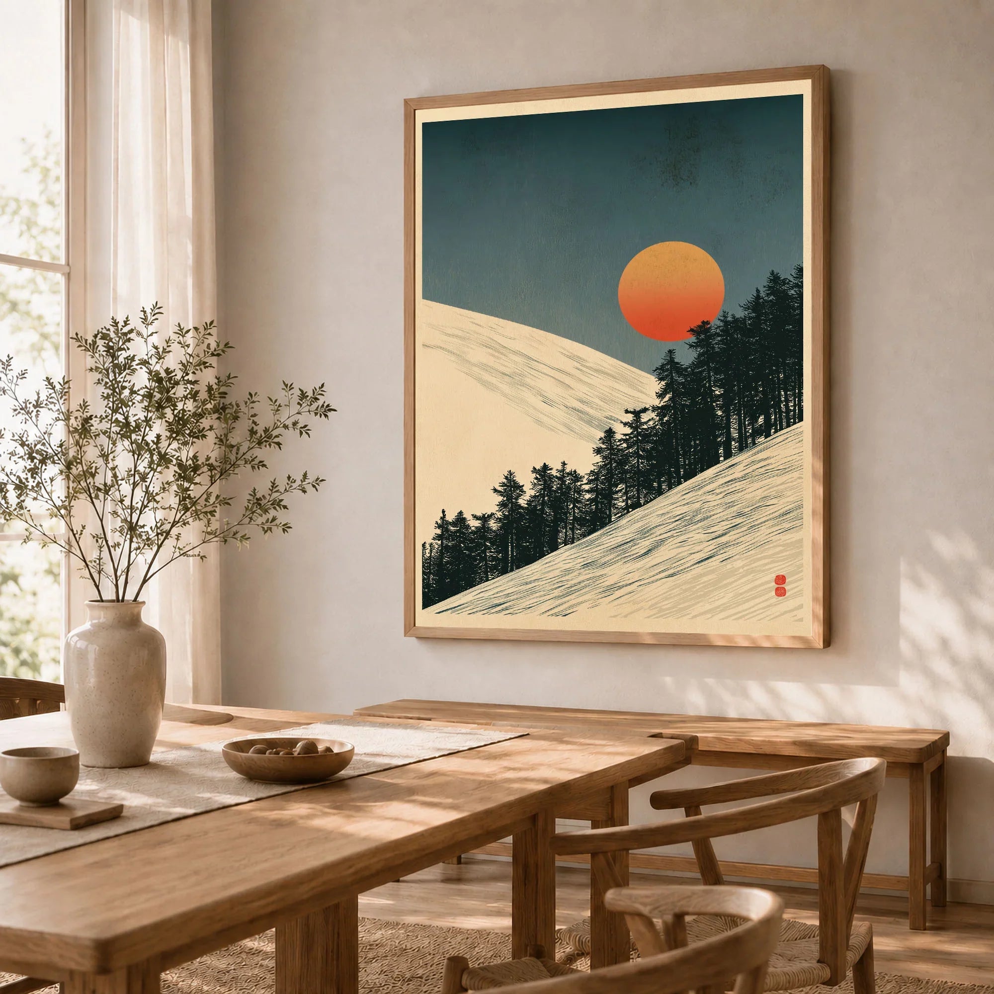 Ski Slope Art Print – Vintage Winter Sunset Wall Art — dining room framed print natural wood frame