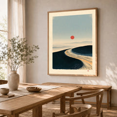 Minimalist Ski Poster – Japanese Red Sun Snow Wall Art — dining room framed print natural wood frame