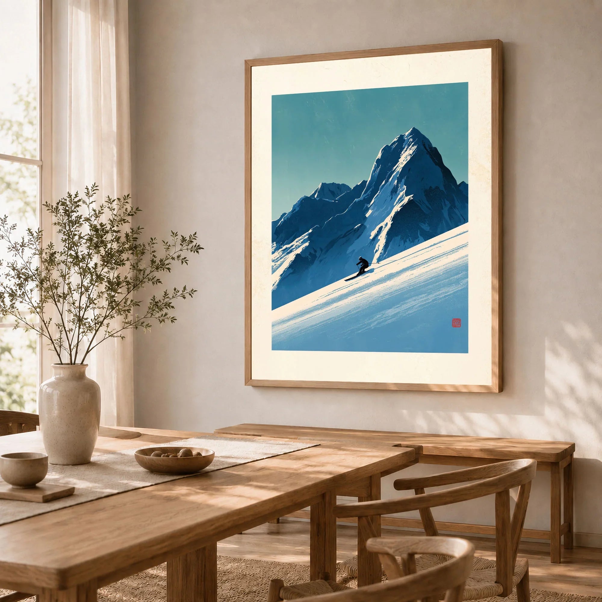 Ski Poster – Vintage Japanese Alpine Skiing Wall Art — dining room framed print natural wood frame