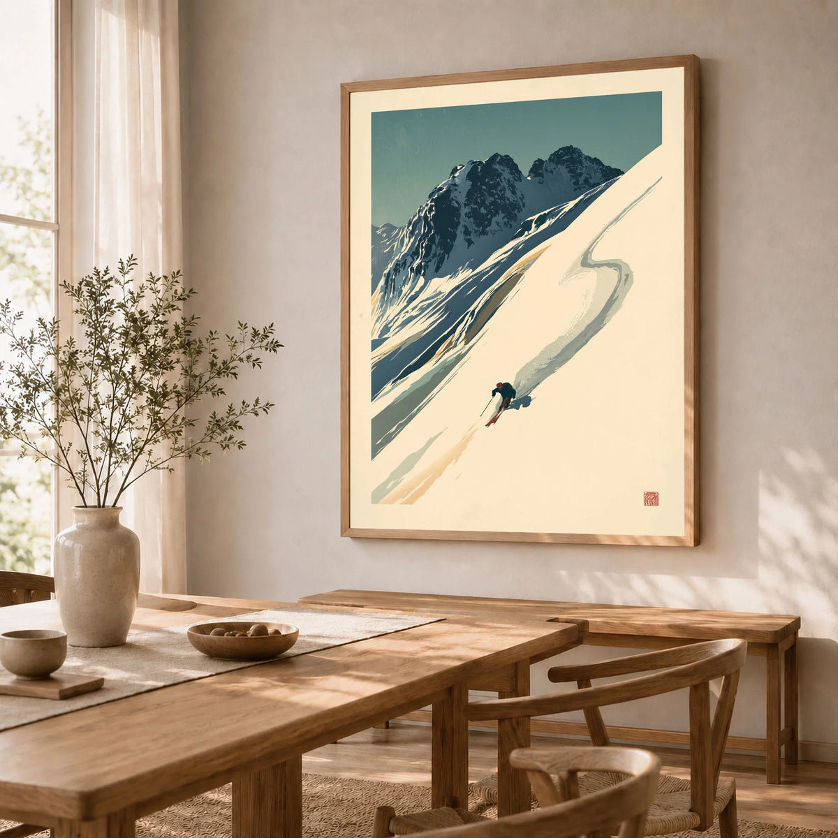 Downhill Skier Art Print – Vintage Ski Poster Wall Art — dining room framed print natural wood frame