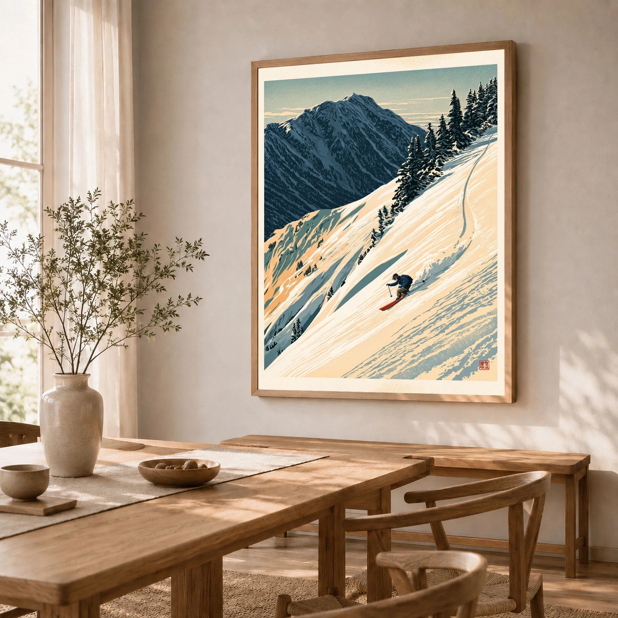 Powder Skiing Poster – Vintage Alpine Ski Wall Art — dining room framed print natural wood frame
