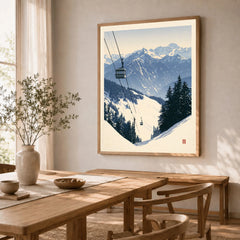 Ski Gondola Poster – Vintage Alpine Cable Car Wall Art — dining room framed print natural wood frame