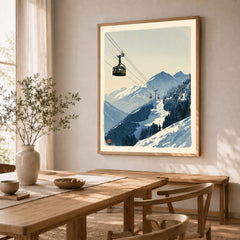 Ski Lift Art Print – Vintage Alpine Gondola Wall Art — dining room framed print natural wood frame