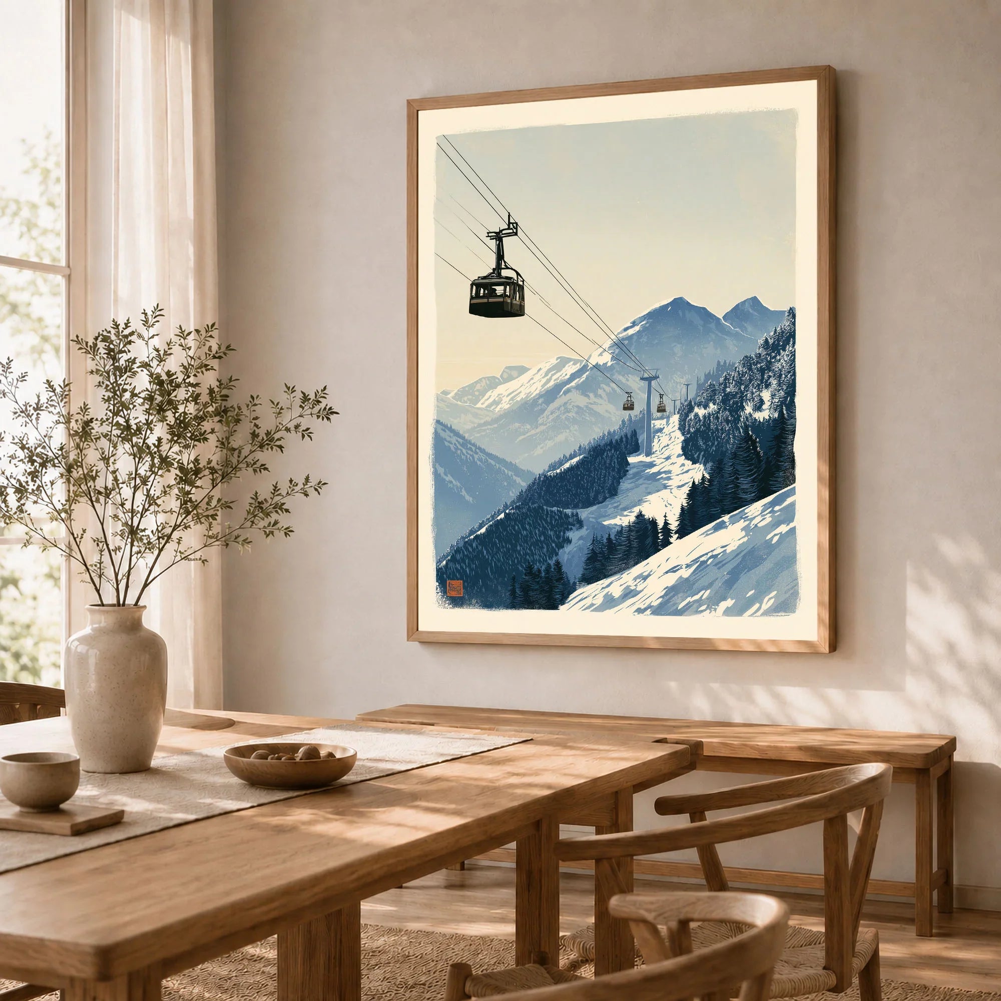 Ski Lift Art Print – Vintage Alpine Gondola Wall Art — dining room framed print natural wood frame