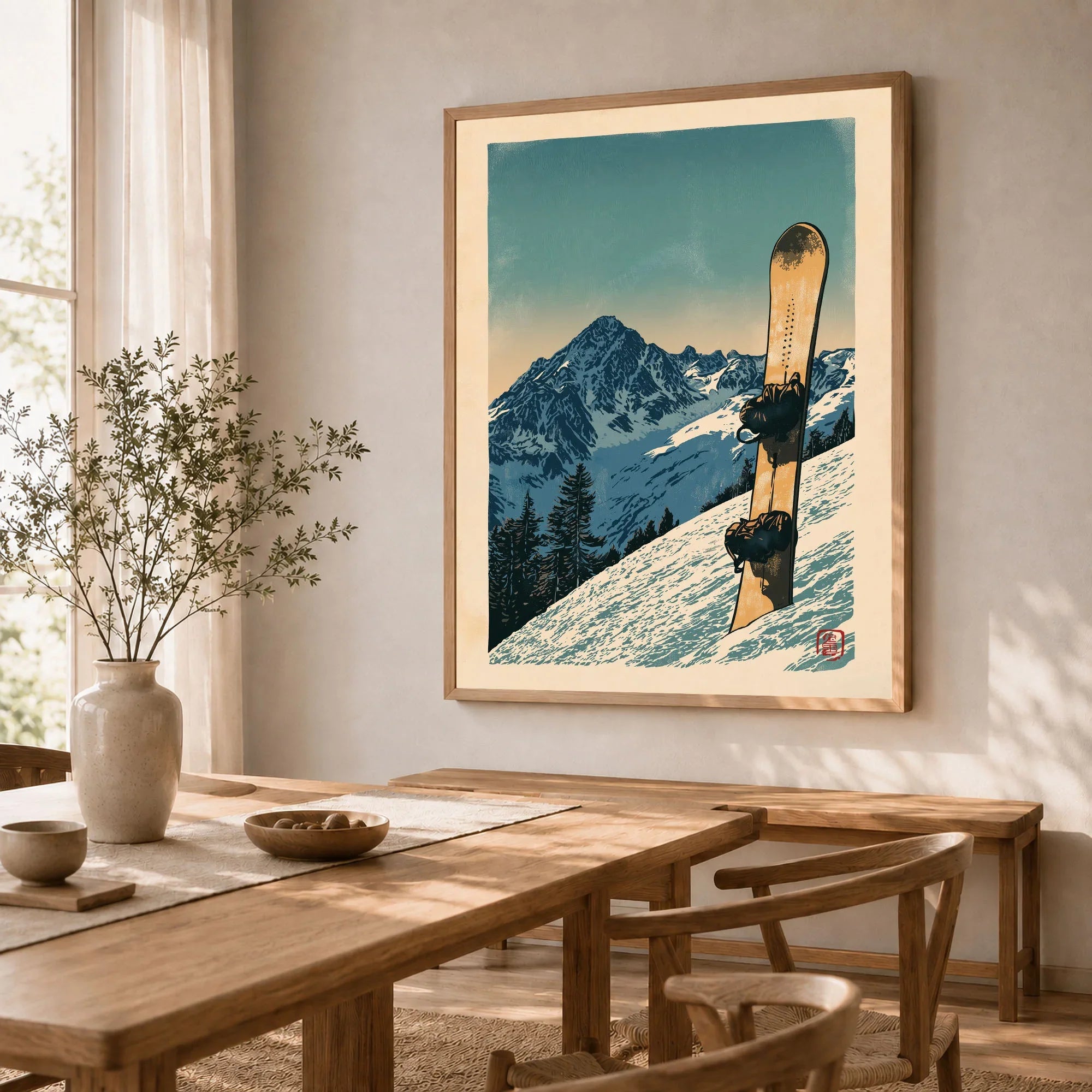 Vintage Snowboard Poster – Alpine Mountain Wall Art — dining room framed print natural wood frame