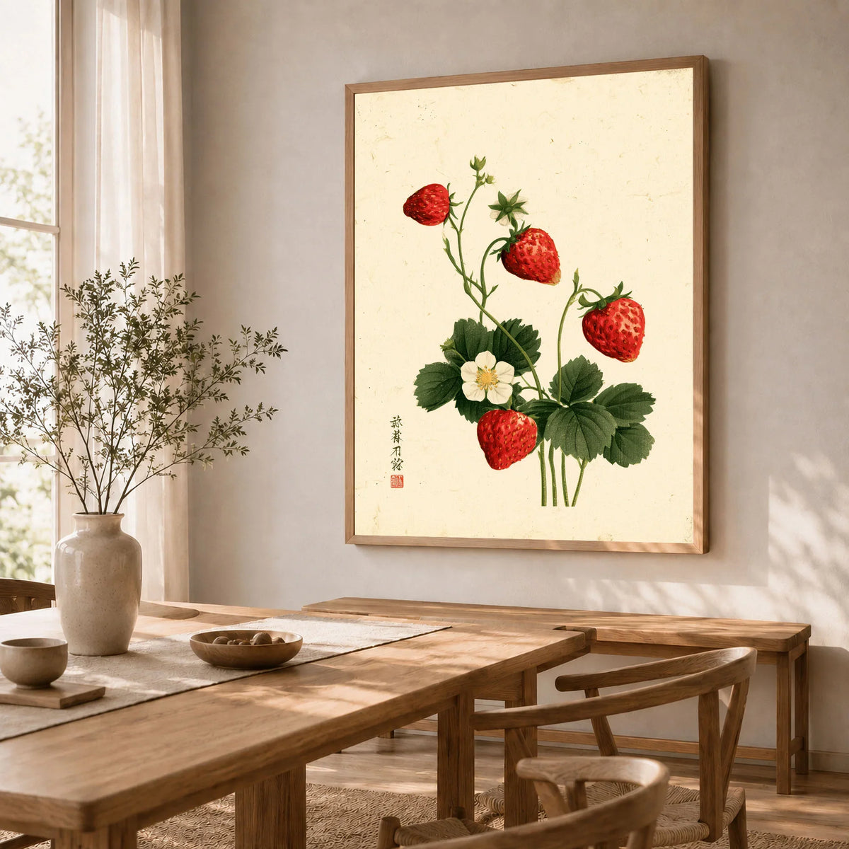 Strawberry Art Print – Vintage Japanese Botanical Wall Art — dining room framed print natural wood frame