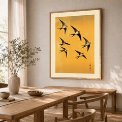 Swallows Art Print – Gold Japanese Bird Wall Art — dining room framed print natural wood frame