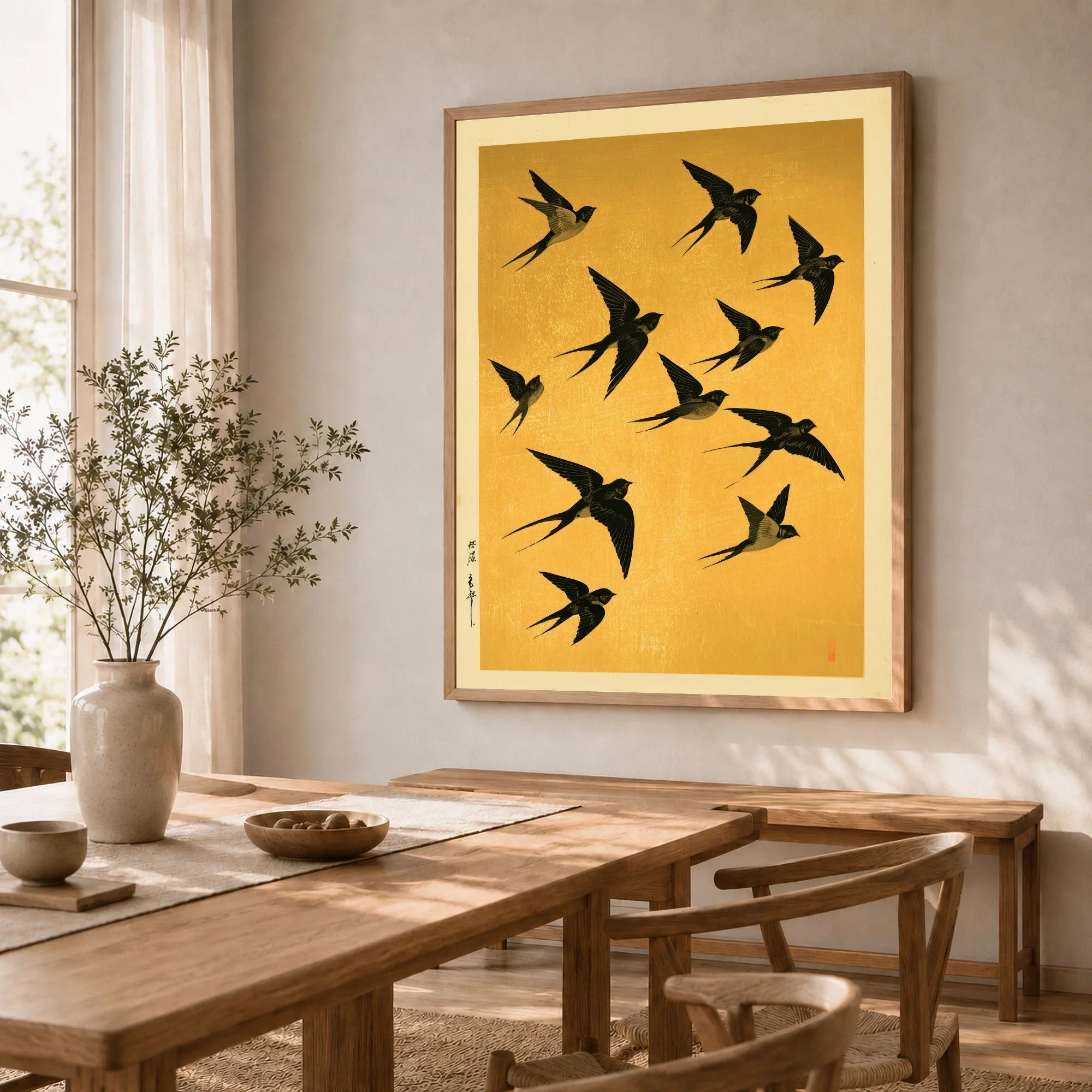 Flying Swallows Wall Art – Vintage Japanese Gold Print — dining room framed print natural wood frame