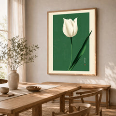 White Tulip Art Print – Green Japanese Botanical Wall Art — dining room framed print natural wood frame