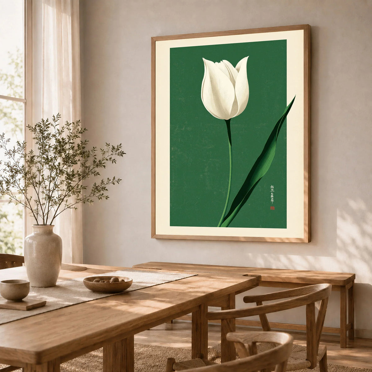 White Tulip Art Print – Green Japanese Botanical Wall Art — dining room framed print natural wood frame