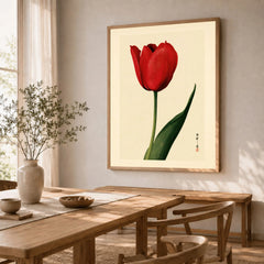 Red Tulip Art Print – Vintage Japanese Botanical Wall Art — dining room framed print natural wood frame