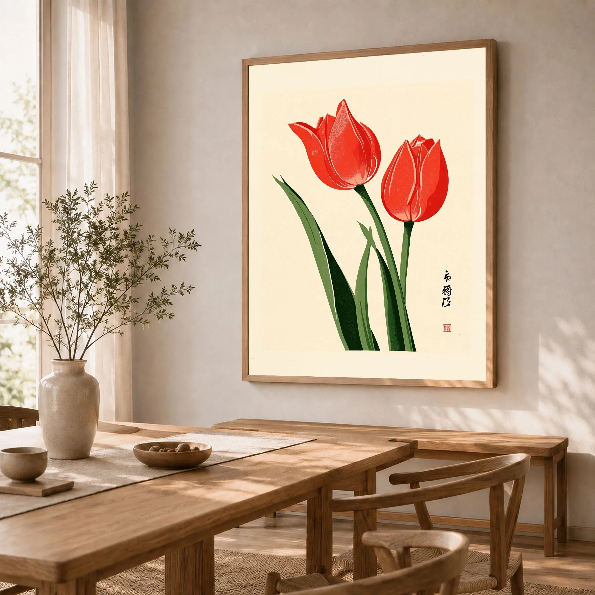 Tulip Art Print – Vintage Japanese Flower Wall Art — dining room framed print natural wood frame