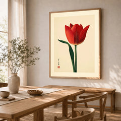 Deep Red Tulip Wall Art – Japanese Botanical Print — dining room framed print natural wood frame