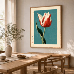 Striped Tulip Art Print – Blue Japanese Botanical Wall Art — dining room framed print natural wood frame
