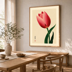 Pink Tulip Art Print – Japanese Botanical Wall Art — dining room framed print natural wood frame