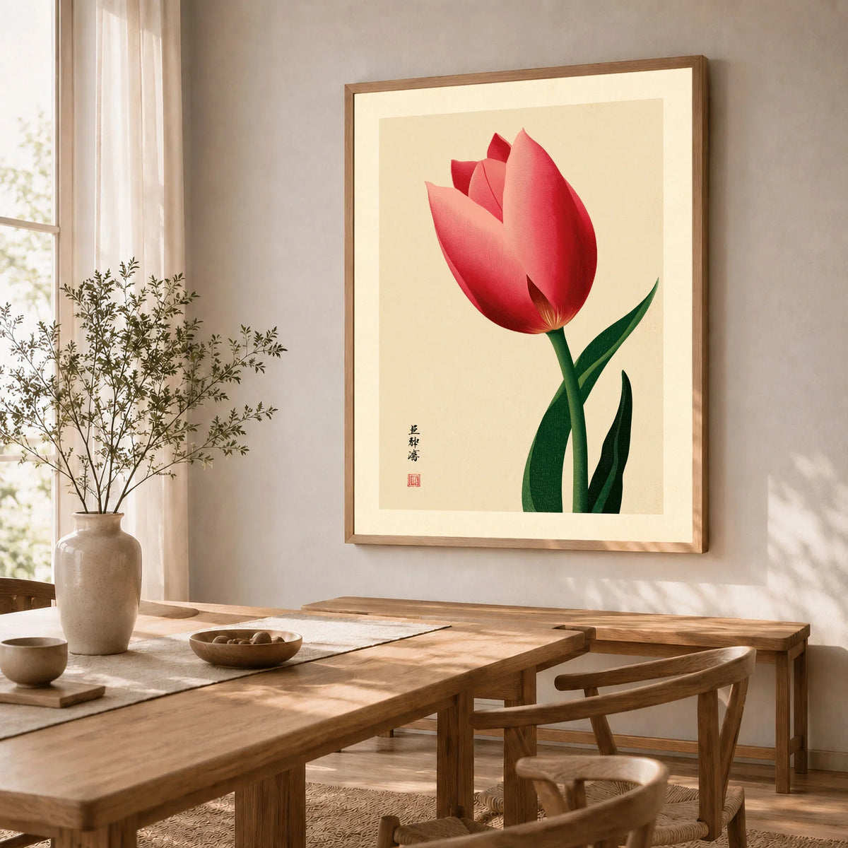 Pink Tulip Art Print – Japanese Botanical Wall Art — dining room framed print natural wood frame