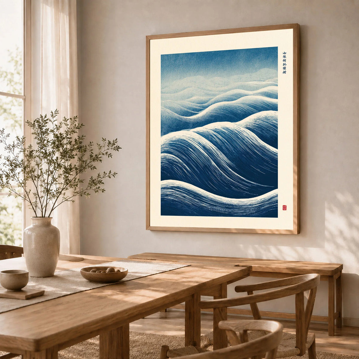 Ocean Wave Art Print – Blue Japanese Woodblock Wall Art — dining room framed print natural wood frame