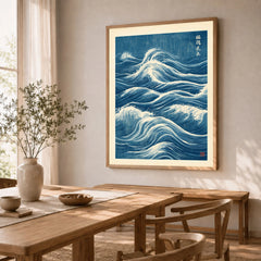 Japanese Waves Wall Art – Vintage Blue Ocean Print — dining room framed print natural wood frame