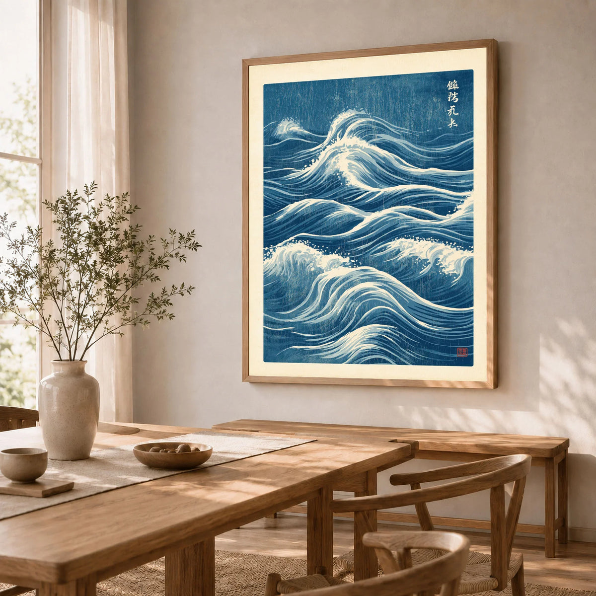 Japanese Waves Wall Art – Vintage Blue Ocean Print — dining room framed print natural wood frame