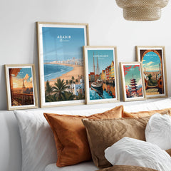 Agadir Morocco Poster – Travel Print in a gallery wall set of five framed travel prints in natural wood frames above a bed