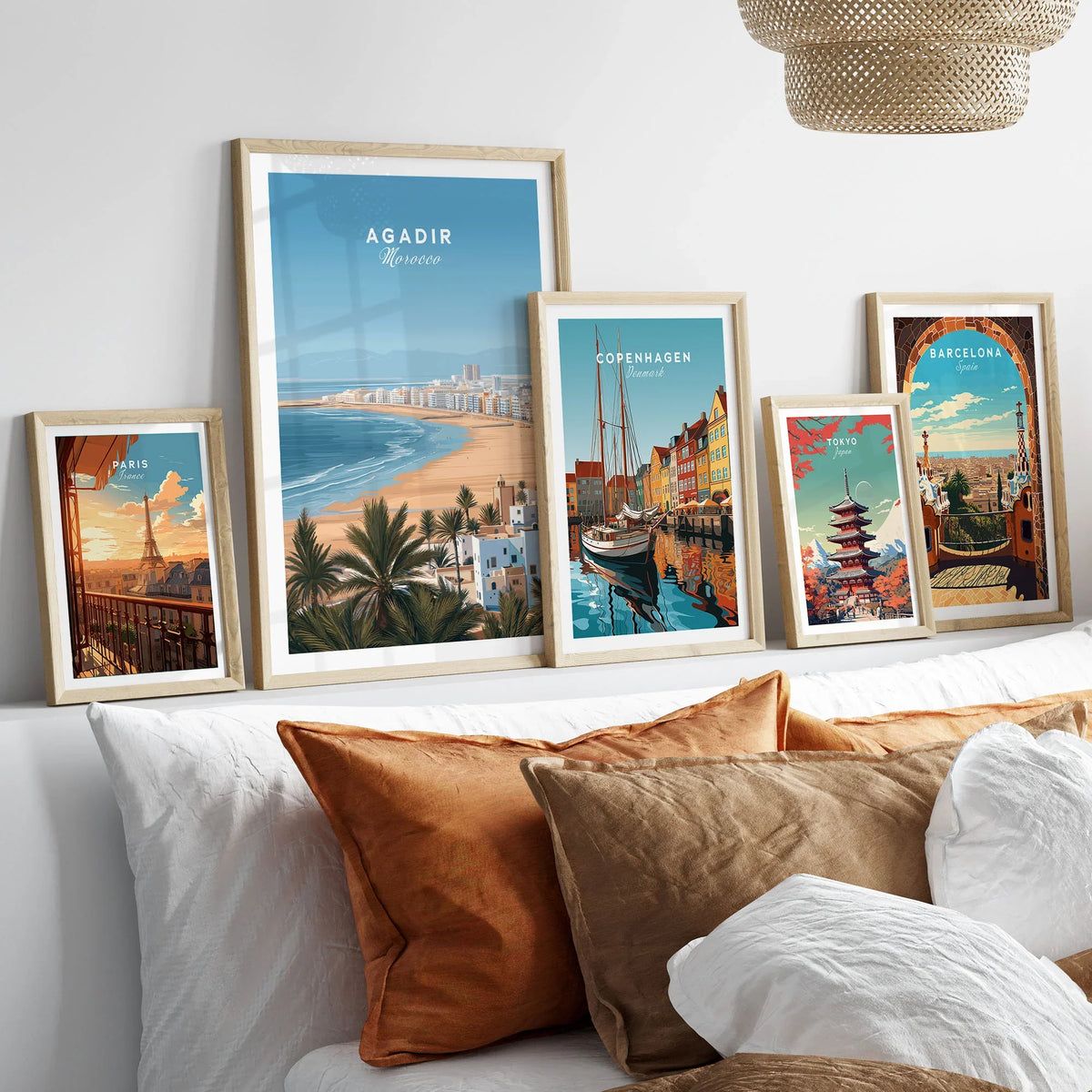 Agadir Morocco Poster – Travel Print in a gallery wall set of five framed travel prints in natural wood frames above a bed