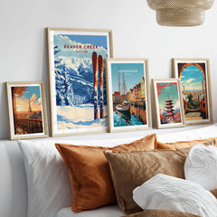 Beaver Creek Colorado Ski Poster - Rocky Mountain Winter Art Print in a gallery wall set of five framed travel prints in natural wood frames above a bed