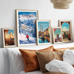 Beaver Creek Colorado Downhill Skier Poster - Winter Sports Wall Art in a gallery wall set of five framed travel prints in natural wood frames above a bed