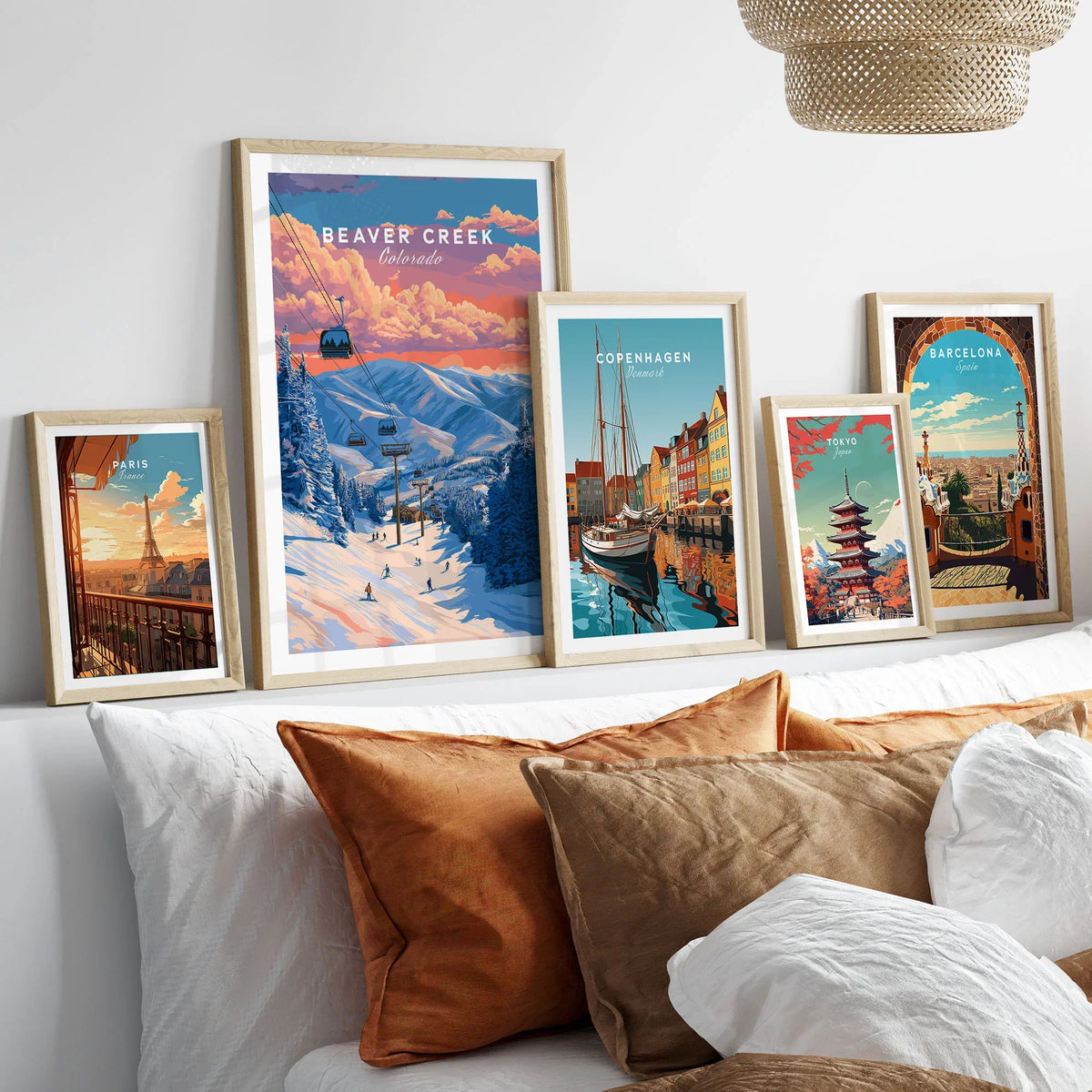 Beaver Creek Colorado Ski Lift Sunset Print - Mountain Gondola Wall Art in a gallery wall set of five framed travel prints in natural wood frames above a bed