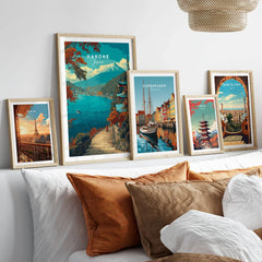 Hakone Print Japan Lake View Pagoda - Mount Fuji Scenic Poster in a gallery wall set of five framed travel prints in natural wood frames above a bed