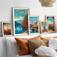 HakonePrint Japan Peace Shrine Torii Artwork - Mount Fuji Lake Ashi Poster in a gallery wall set of five framed travel prints in natural wood frames above a bed
