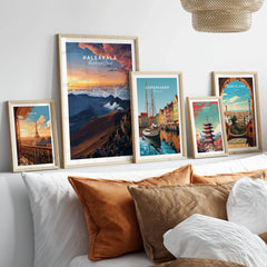 Haleakalā Sunset Poster, Maui Hawaii Wall Art, National Park Travel Print in a gallery wall set of five framed travel prints in natural wood frames above a bed