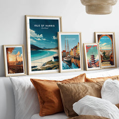 Isle of Harris Scotland Beach House Seascape Poster - Remote Scottish Isle Print in a gallery wall set of five framed travel prints in natural wood frames above a bed