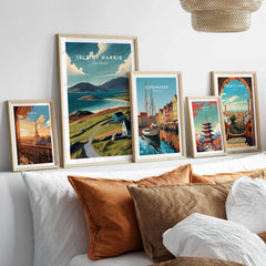 Isle of Harris Scotland Beach Print - Scenic Coastal Wall Art in a gallery wall set of five framed travel prints in natural wood frames above a bed
