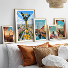 Kyiv Ukraine Independence Monument Travel Poster — the Independence Monument rising above Maidan Nezalezhnosti and the Kyiv skyline, shown as set five framed artprints above bed natural wood frames
