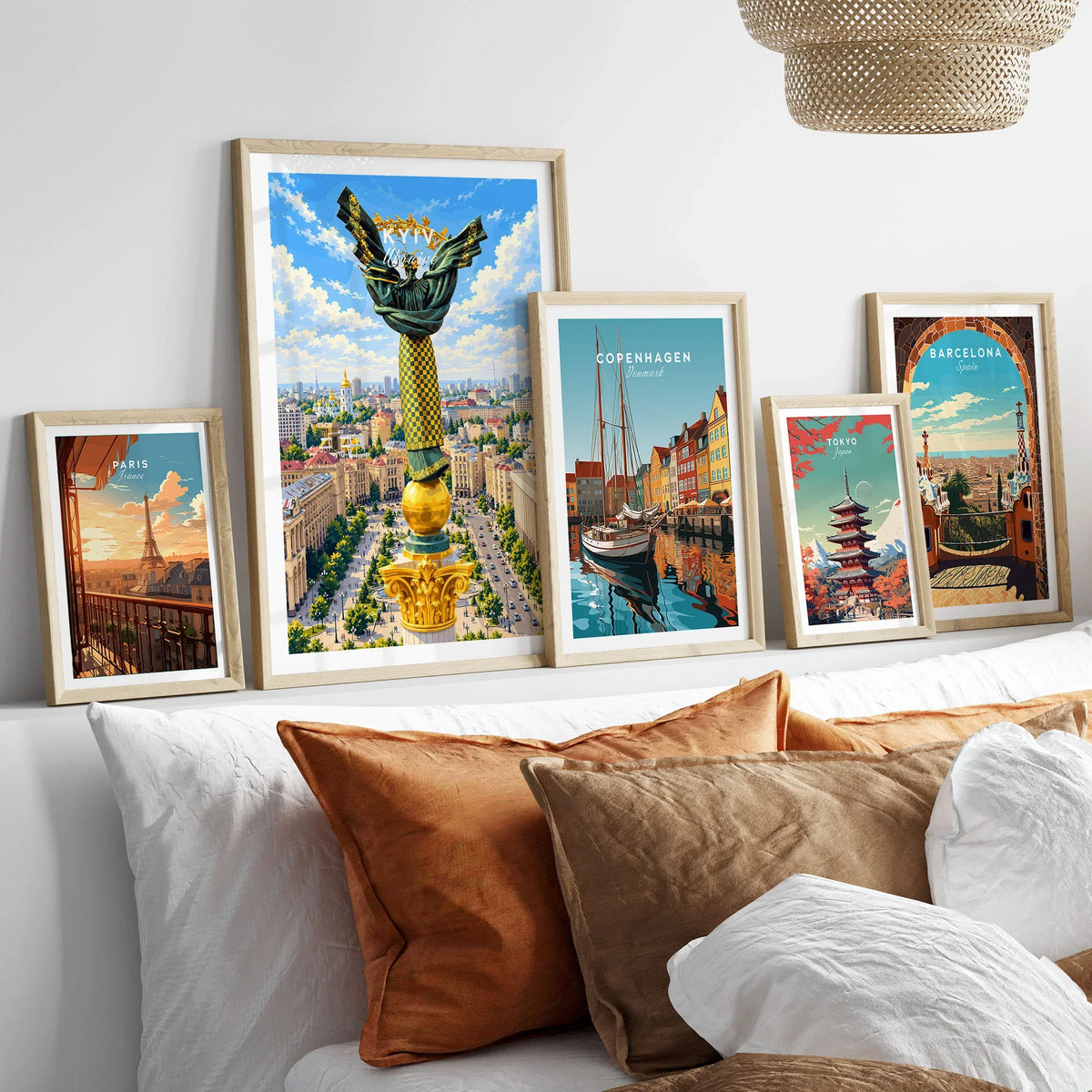 Kyiv Ukraine Independence Monument Travel Poster — the Independence Monument rising above Maidan Nezalezhnosti and the Kyiv skyline, shown as set five framed artprints above bed natural wood frames