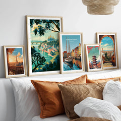 Kyiv Ukraine Golden Domes Travel Poster — golden domes on a wooded bluff above the Dnipro river, shown as set five framed artprints above bed natural wood frames