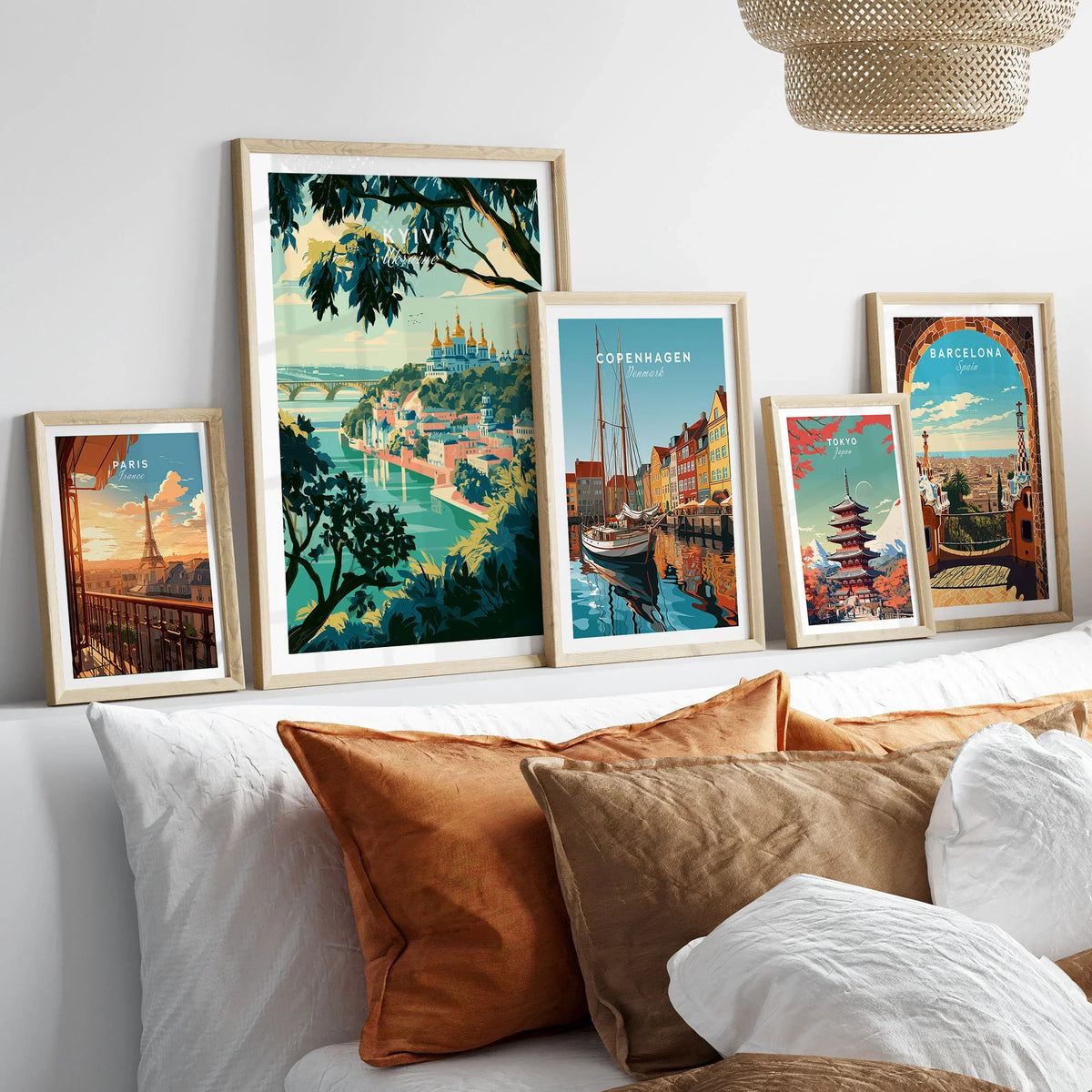 Kyiv Ukraine Golden Domes Travel Poster — golden domes on a wooded bluff above the Dnipro river, shown as set five framed artprints above bed natural wood frames
