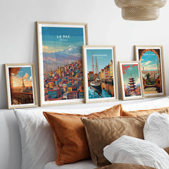 La Paz Bolivia Andes Mountain City Print - Travel Poster in a gallery wall set of five framed travel prints in natural wood frames above a bed