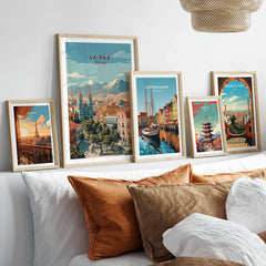 La Paz Travel Print - Bolivia Wall Art in a gallery wall set of five framed travel prints in natural wood frames above a bed