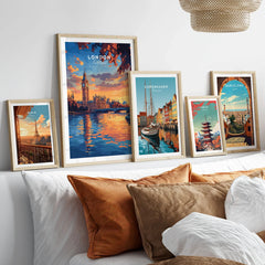 Big Ben London Art Print | Westminster Palace Poster in a gallery wall set of five framed travel prints in natural wood frames above a bed