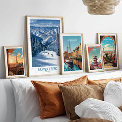 Beaver Creek Colorado Winter Wonderland Wall Art - Group Skiing Landscape in a gallery wall set of five framed travel prints in natural wood frames above a bed