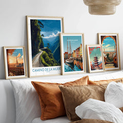 Camino de la Muerte Bolivia Cliff Road Wall Art — the Yungas cliff road curving along a jungle mountainside above the Bolivian Andes, shown as set five framed artprints above bed natural wood frames