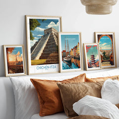 Mexico Chichén Itzá El Castillo Poster Mayan Temple Travel Print Ancient Ruins Wall Art in a gallery wall set of five framed travel prints in natural wood frames above a bed